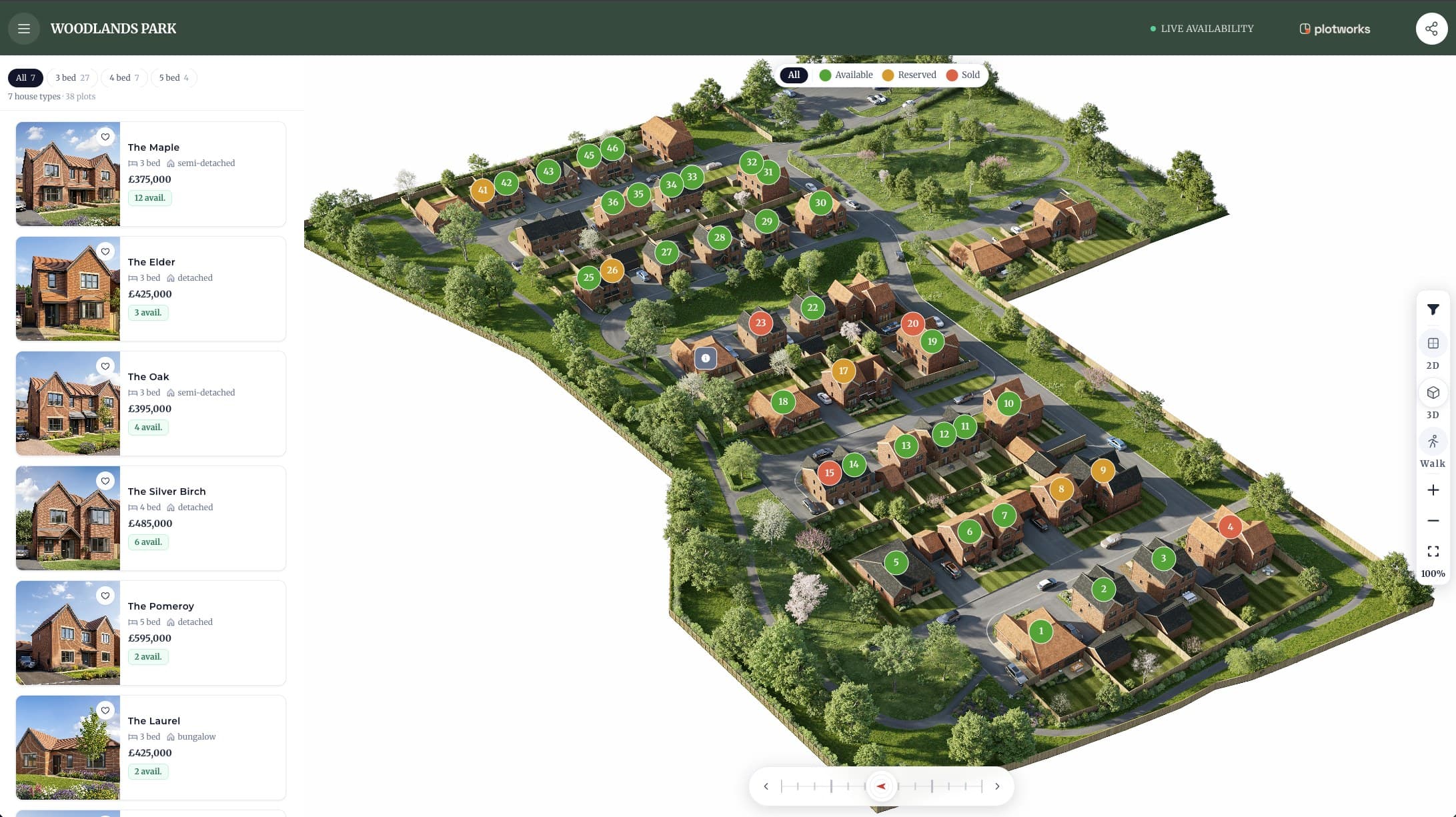 The Woodlands Park 3D interactive siteplan, with colour-coded plot pins for available, reserved and sold homes and a house-type list down the left