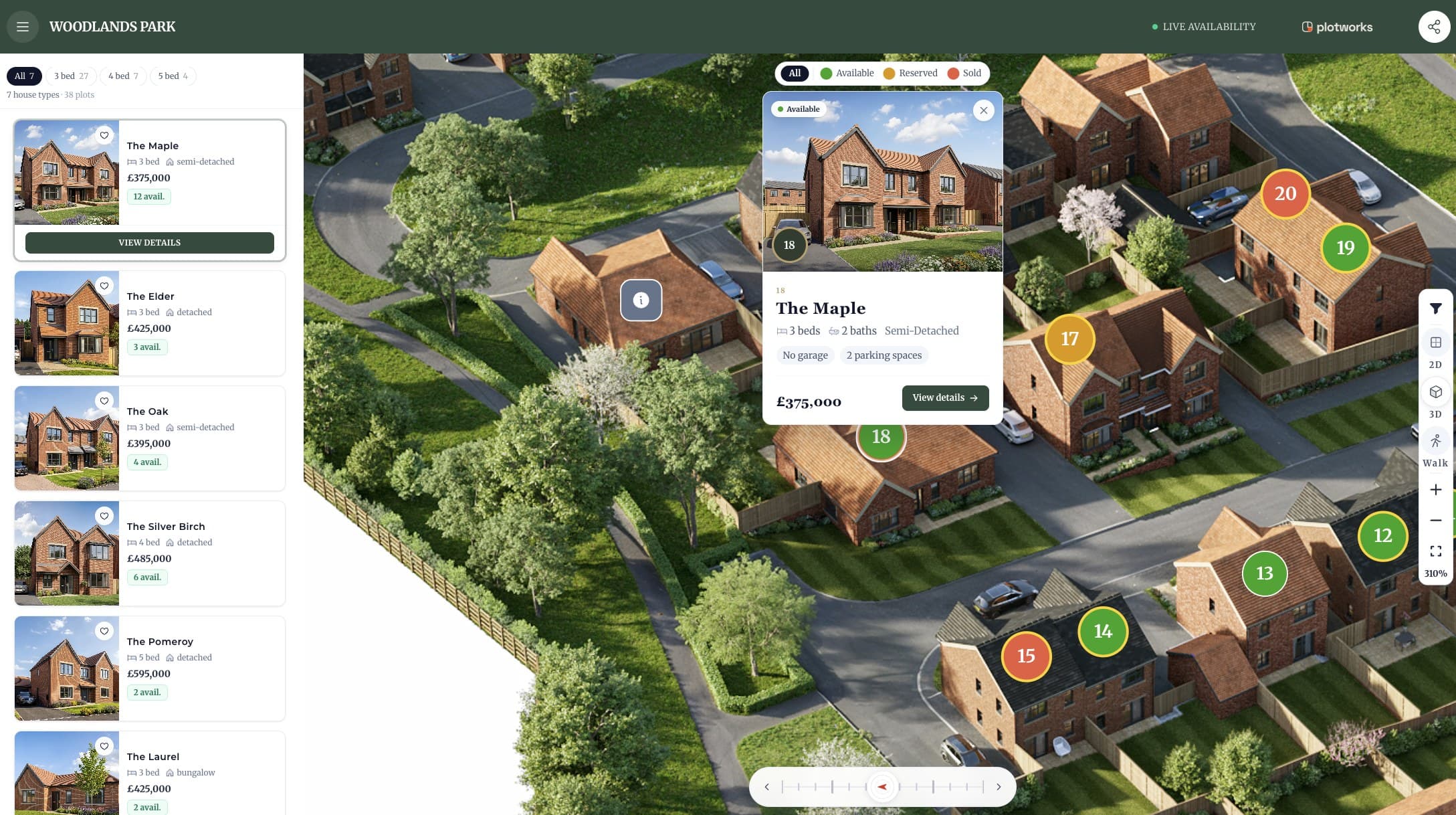 A zoomed view of the siteplan with plot 18 selected, showing a popup card for The Maple at £375,000 with a view details button