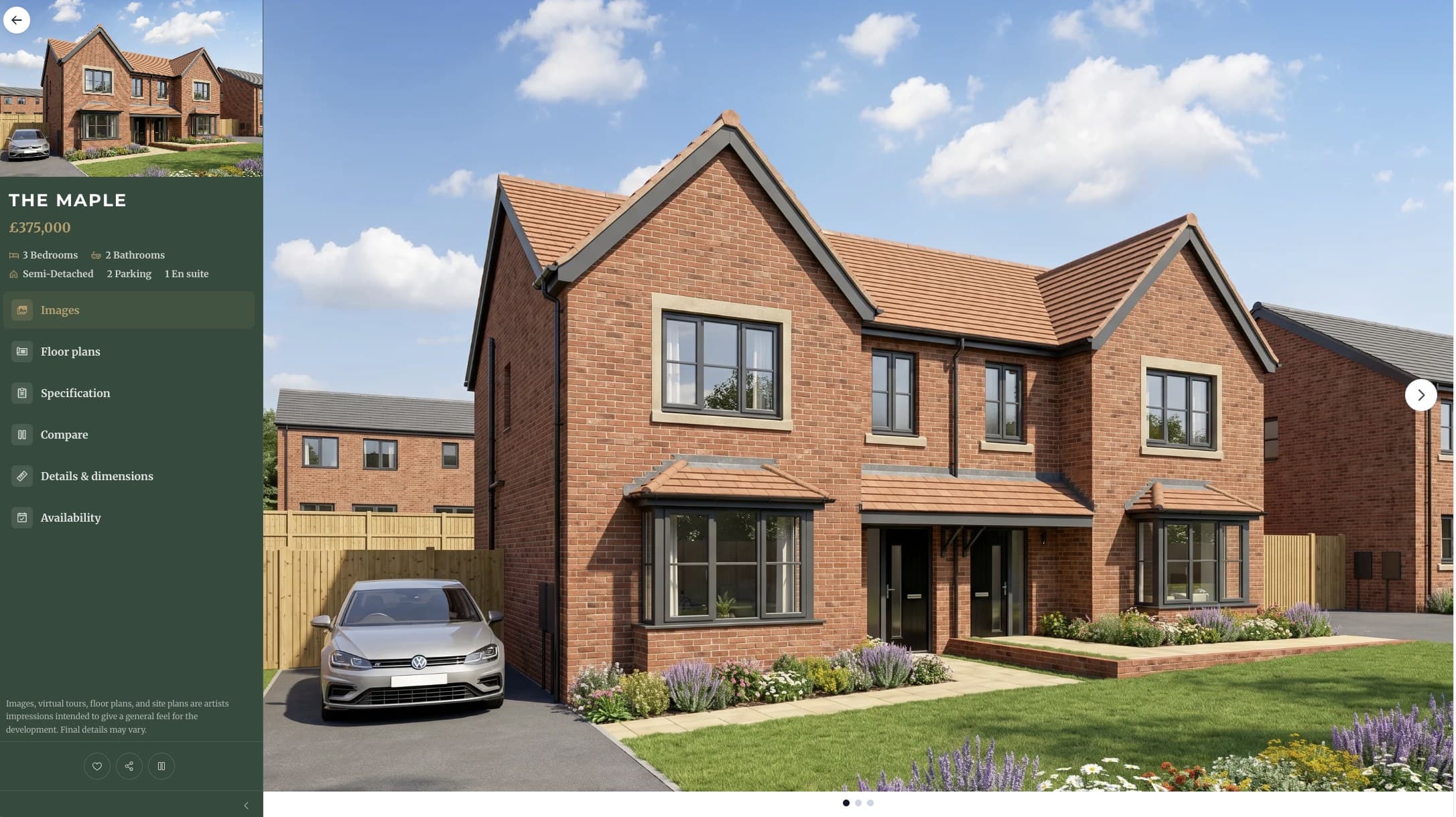 The Maple house type page showing a full-width CGI of the home with a green side navigation