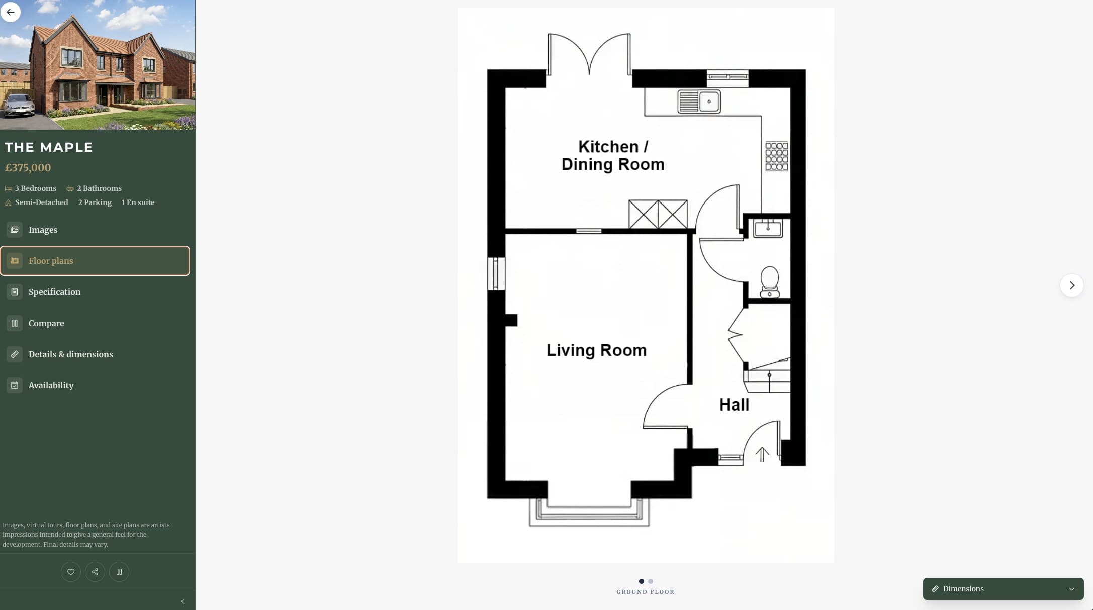 The floorplans tab for The Maple, showing the ground floor plan and a dimensions toggle