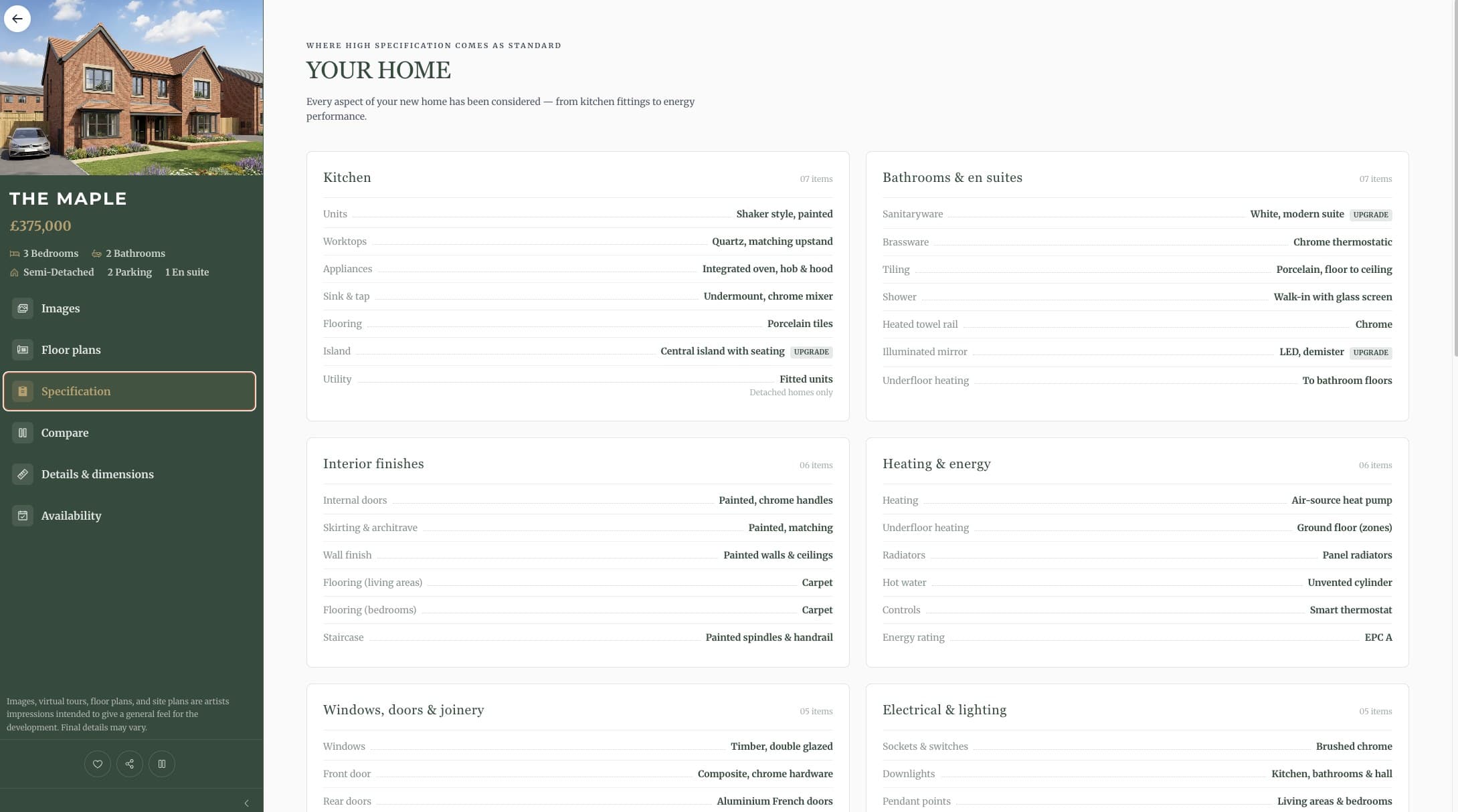 The specification tab listing kitchen, bathroom, interior finish and heating schedules for The Maple