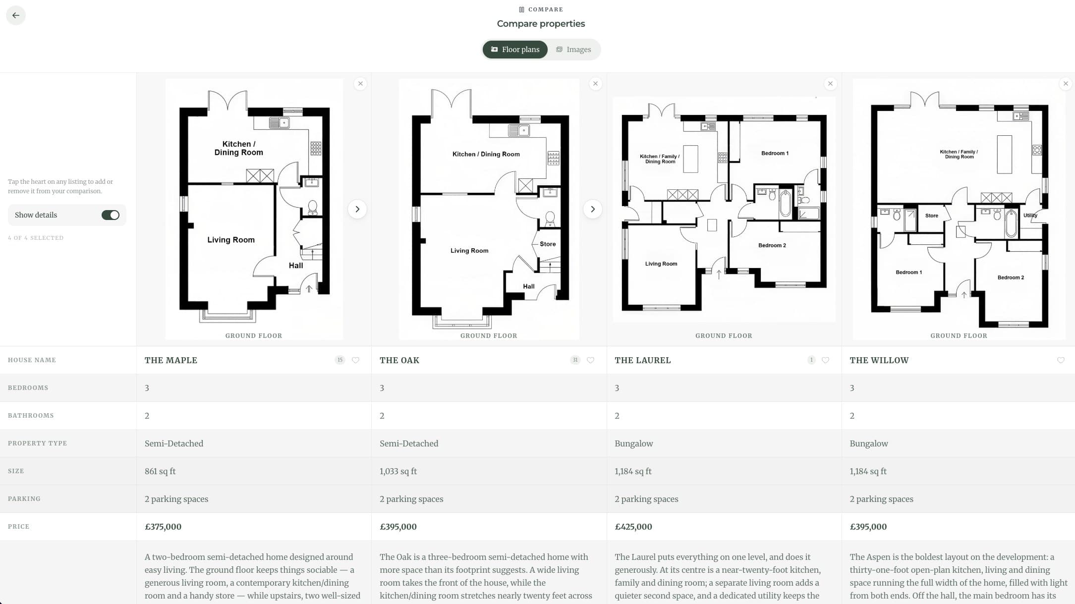 Four house types compared side by side with floorplans, sizes and prices
