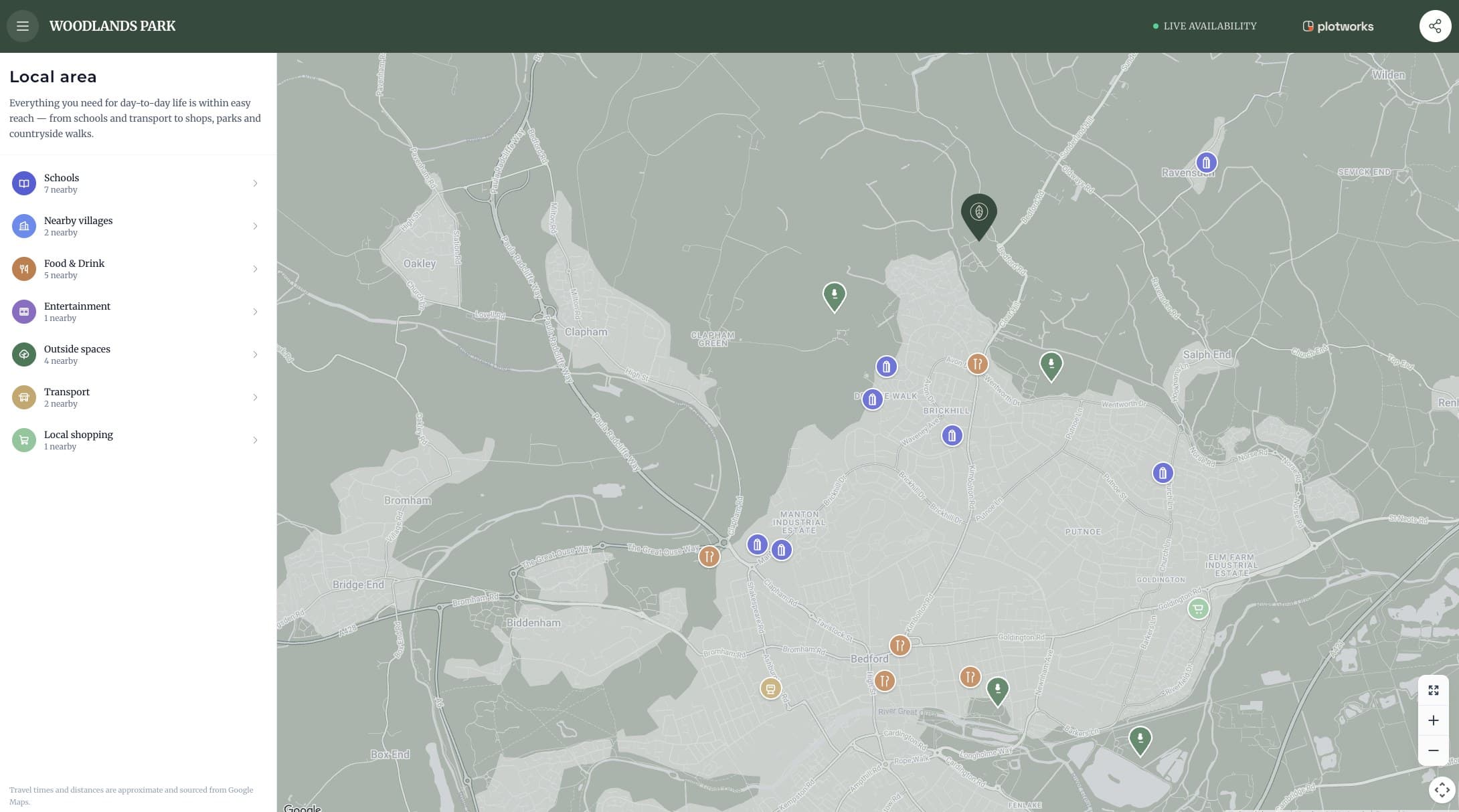 A local area map for Woodlands Park with pins for schools, transport, food and drink, parks and shops